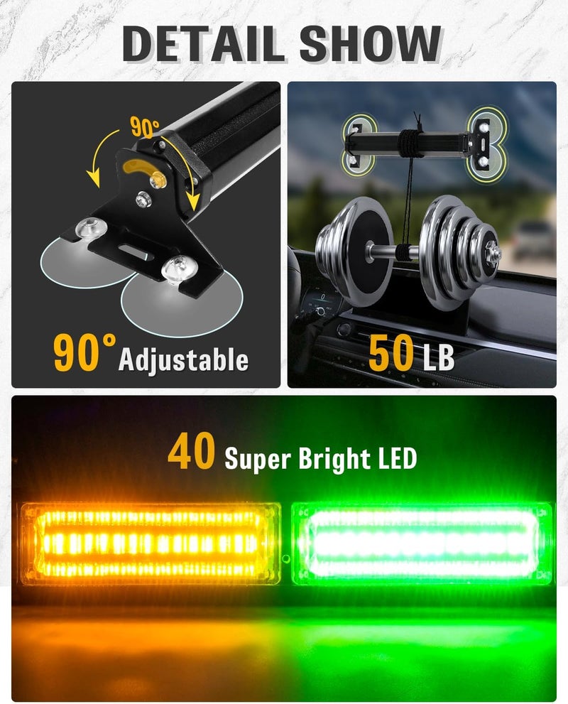 HLauto 1002L Emergency Strobe Traffic Advisor Light Bar: 40 LED Dash Safety Warning Flashing Light, Front/Rear Windshield Visor for Construction Vehicle, Tow/Plow Truck (2x10.7inch, Amber Green) - Image 5